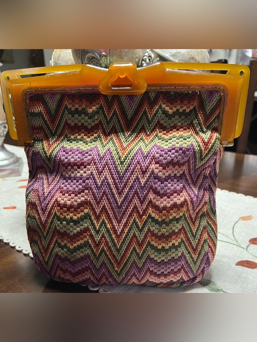 Vintage Multicolor Zigzag Knit Lucite Frame Bag with Amber Clip Closure